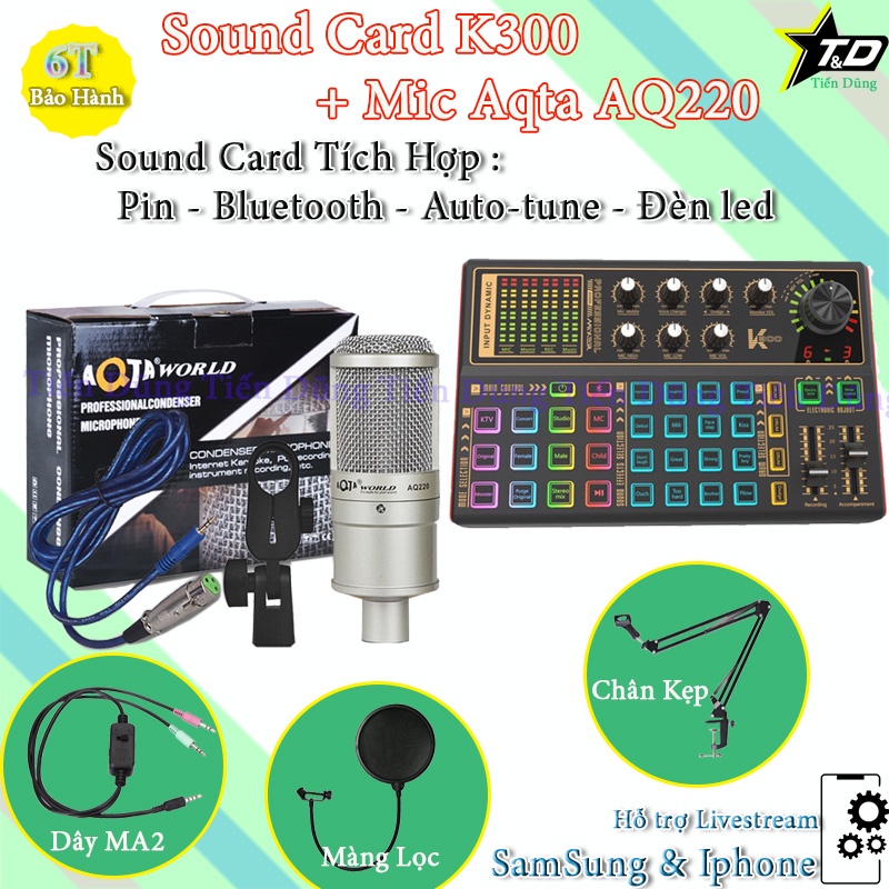 Bộ Mic Thu Âm Aqta AQ220 và Sound Card K300 có Bluetooth tích hợp pin Chân Kẹp Màng Lọc Dây Livestream MA2