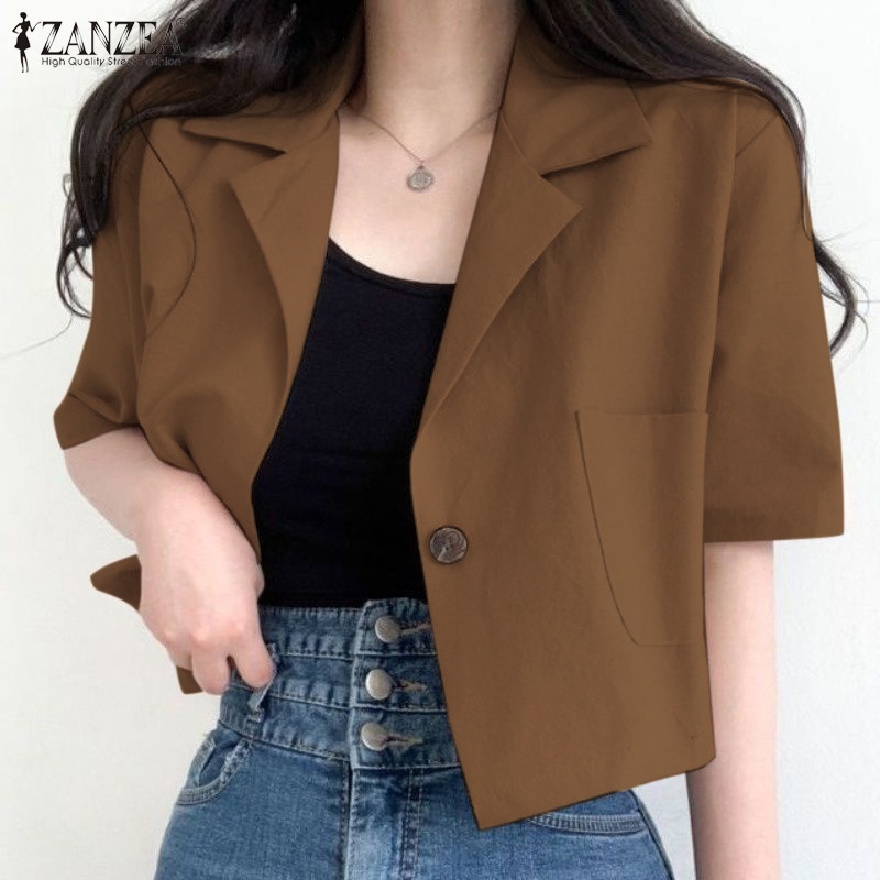 Áo khoác blazer ZANZEA dáng ngắn rộng tay lỡ cổ bẻ thời trang công sở nữ