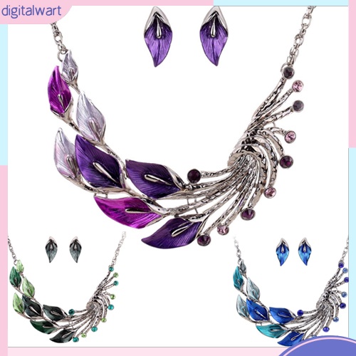 Bộ dây chuyền và khuyên tai hình lông công đính kim cương giả phong cách cổ điển