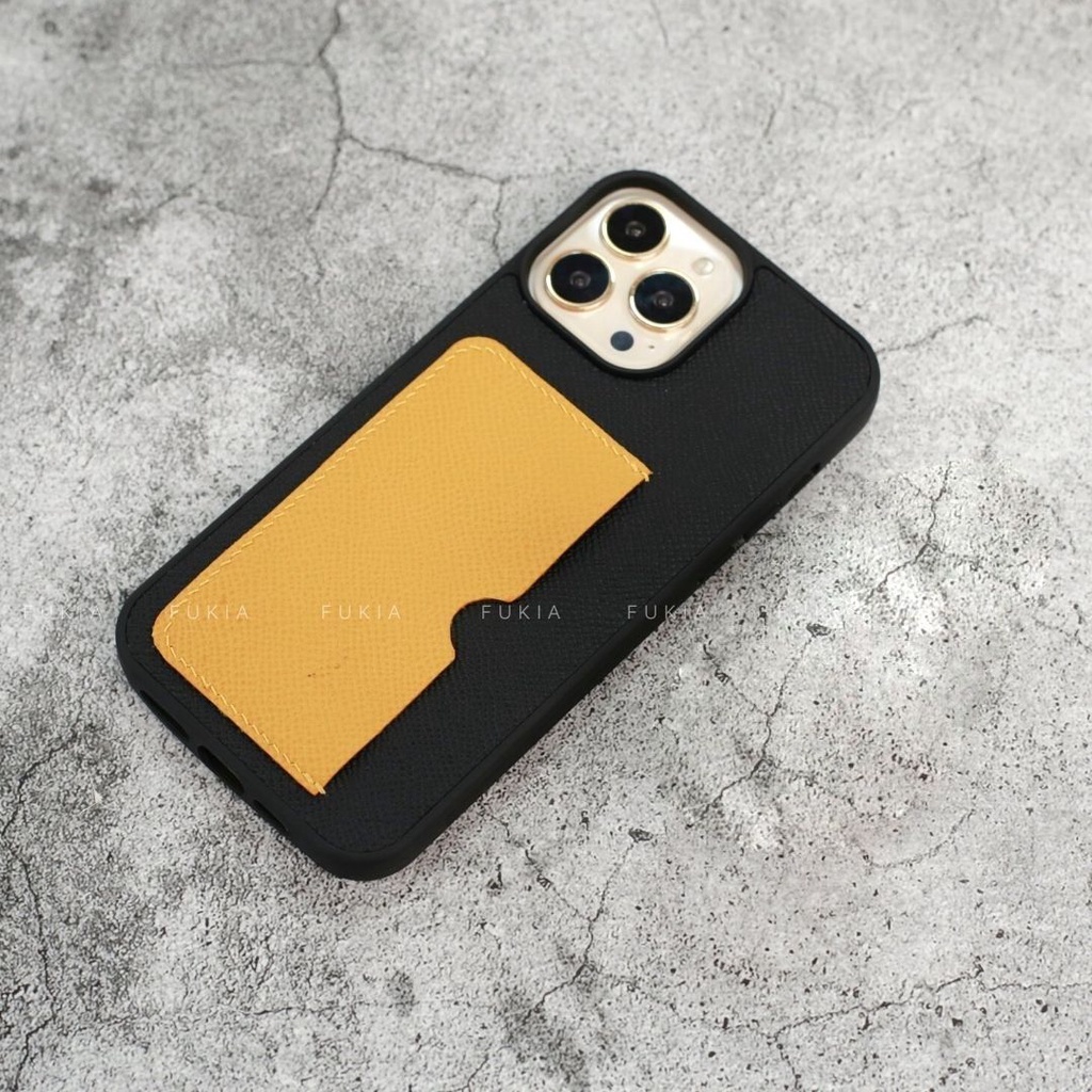 Ốp da thủ công viền đen khe thẻ ngang mix màu Epsom cho IPhone 14/14Plus/14Pro/14Promax/13/13Pro/13Promax/12prm ODTC141