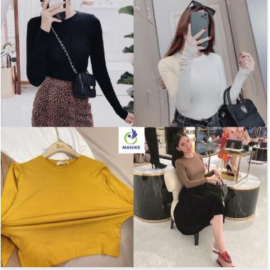 Áo giữ nhiệt nữ MANIKE, áo phông thun thu đông cổ tròn co giãn dáng ôm dài tay body 3 màu trơn basic