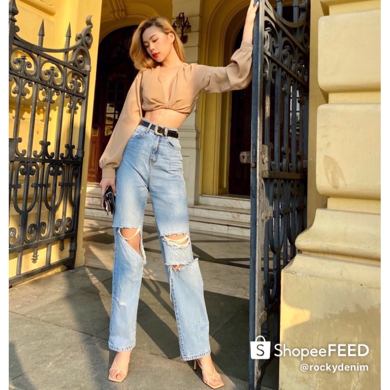 Quần Suông Rách Gối Peach Jeans