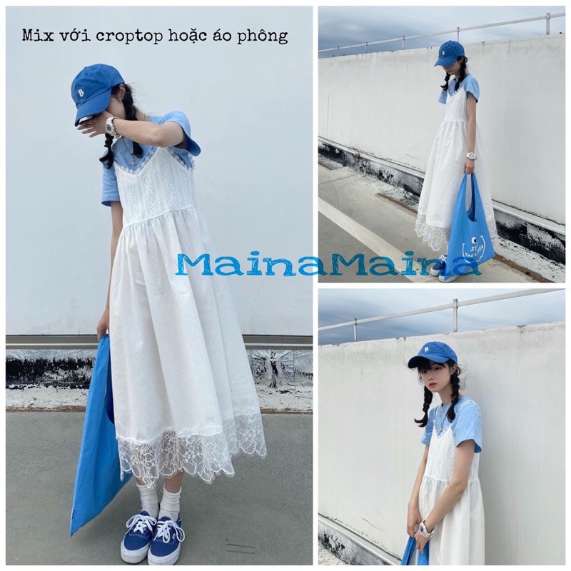Váy hai dây babydoll viền ren - Đầm xòe 2 dây trắng Maina
