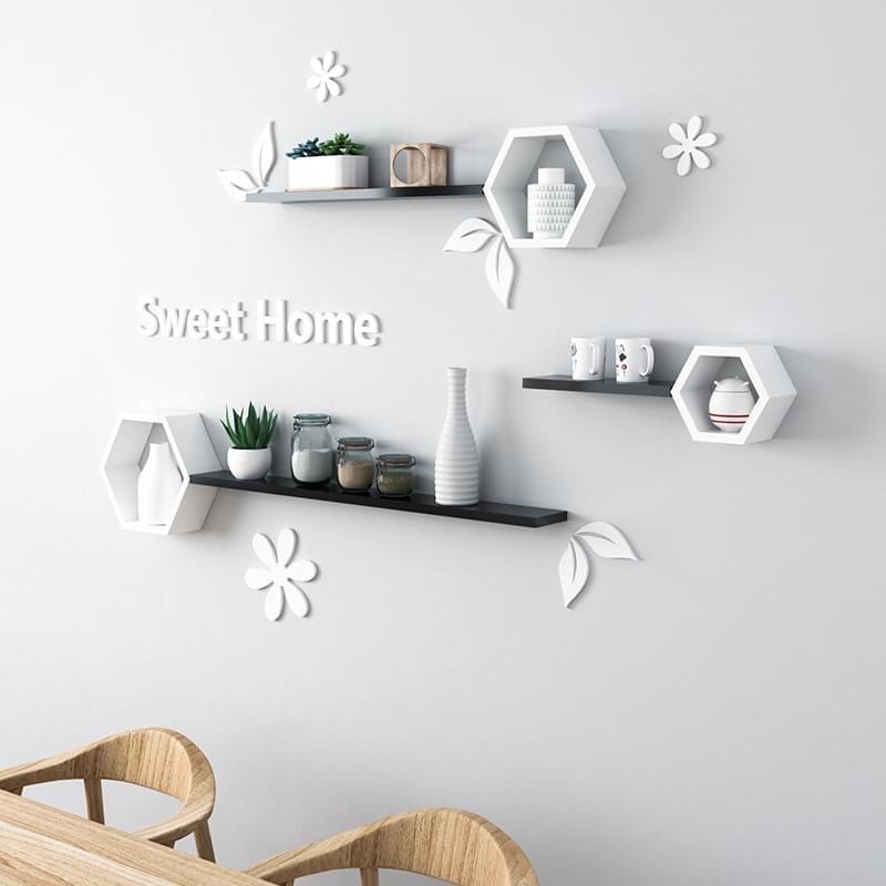 Kệ gỗ treo tường decor trang trí :3 hình lục giác+ 3 thanh ngang tặng kèm 3 hình gỗ bông hoa. Tặng kèm vit +đinh nắp