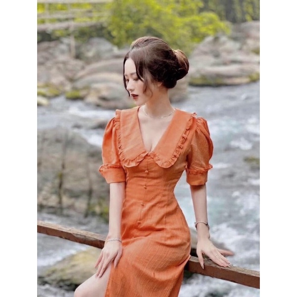 🍀 VÁY CAM CỔ BÈO HAI LỚP CÚC BỌC 🌺
