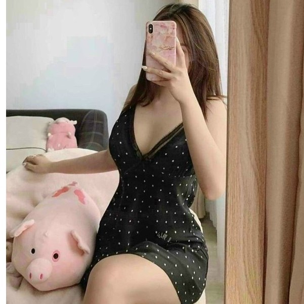 Sẵn sỉ _ Đầm ngủ lụa chấm bi có mút ngực hàng QUẢNG CHÂU cao cấp full size