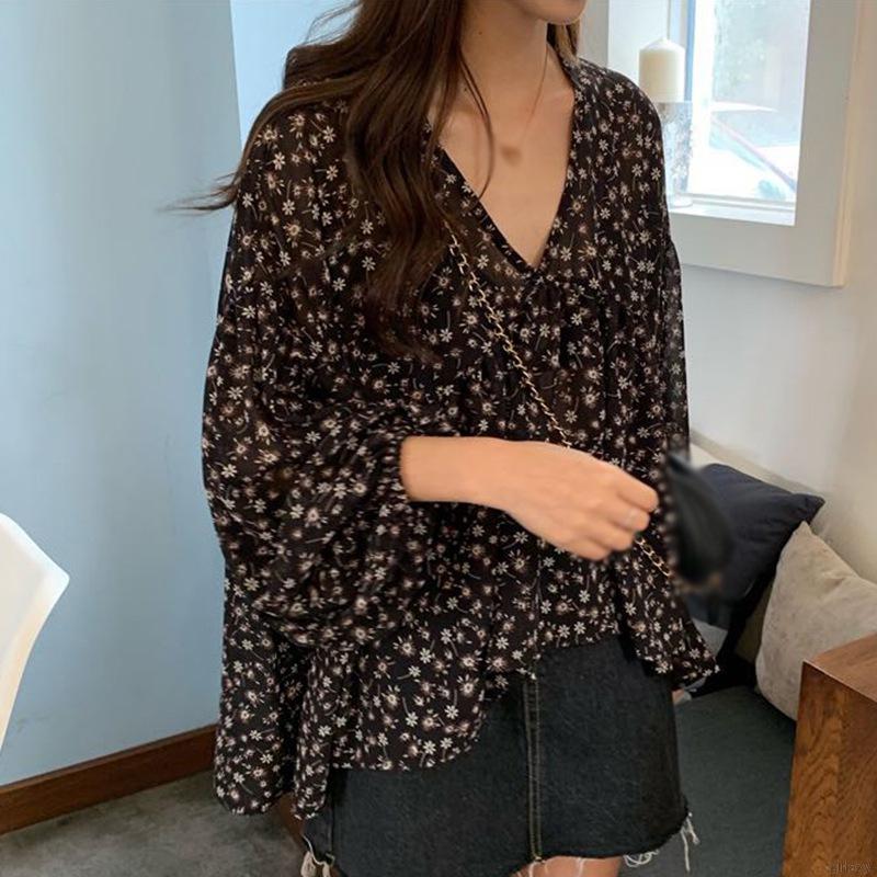 Áo Sơ Mi Chiffon Tay Dài Cổ Chữ V Dáng Rộng In Họa Tiết Hoa Đơn Giản Ngọt Ngào Kiểu Hàn Quốc