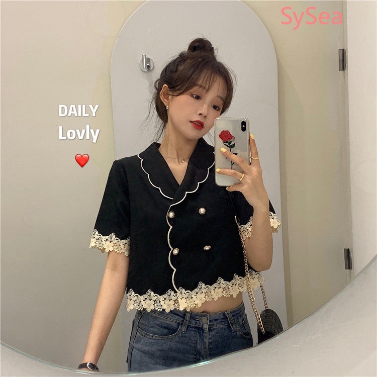 Áo tay ngắn màu đen phối ren thời trang mùa hè dành cho nữ | BigBuy360 - bigbuy360.vn