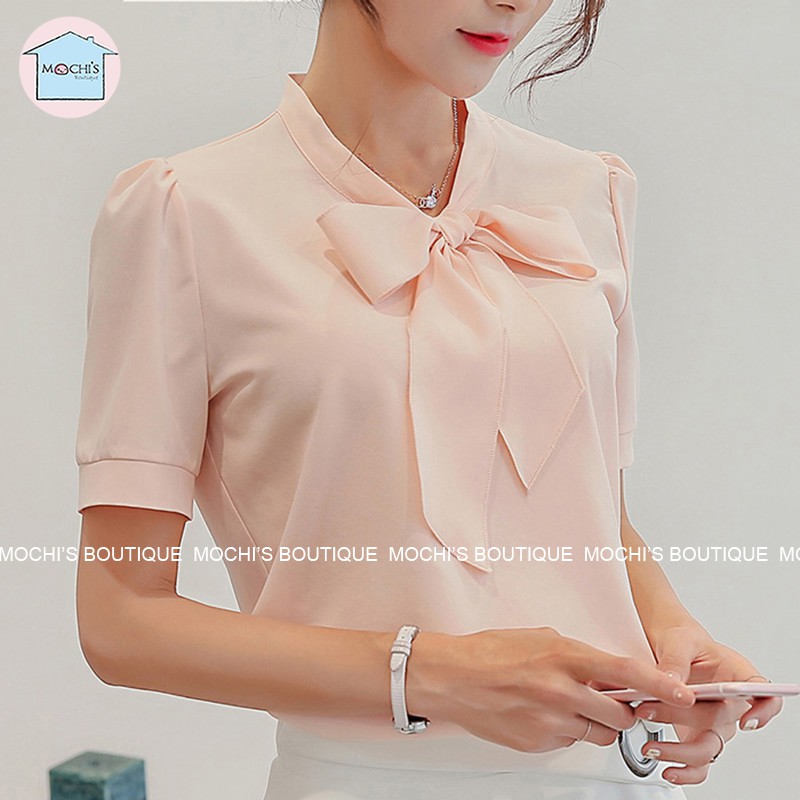 Áo kiểu nữ công sở, mẫu áo sơ mi tay ngắn thắt nơ điệu đà, chất liệu mềm mịn thoáng mát không nhăn - M315