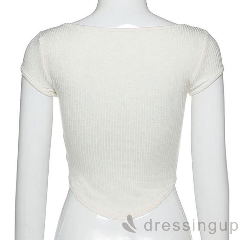 Áo Ngắn Tay Cổ Vuông Phối Nút Cá Tính Quyến Rũ Dành Cho Nữ