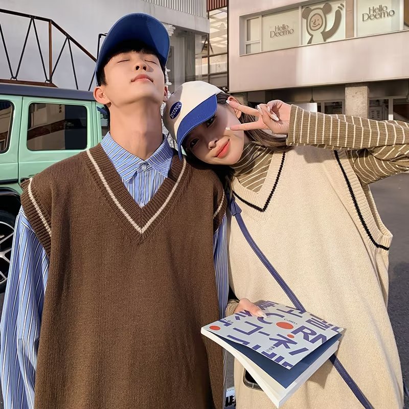 Áo Sweater Dệt Kim Không Tay Cổ Chữ V Màu Sắc Retro Nhật Bản Dành Cho Nam Nữ