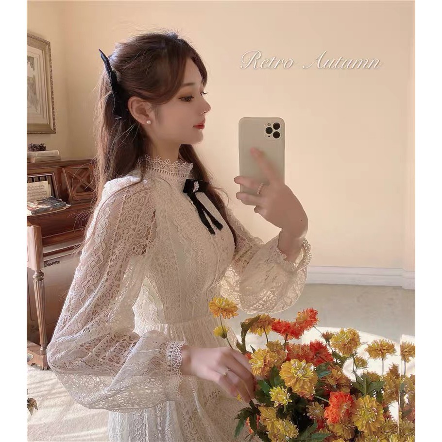 (ORDER) Váy ren hoa trắng dài tay cổ đính nơ màu đen tiểu thư xòe dài sang trọng dự tiệc (Hàng_mới_về) -meobeo