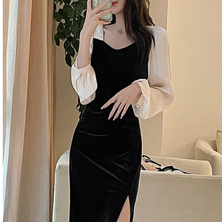 Váy nữ đẹp body nhung dáng dài phối tay voan trắng xẻ tà trẻ trung thanh lịch kiểu dáng Hàn Quốc NITEHY 19