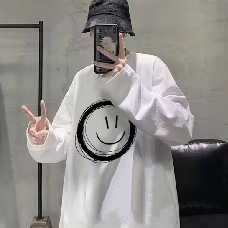 Áo Thun Tay Dài Cổ Tròn Dáng Rộng In Hình Biểu Cảm Thời Trang Phong Cách Hàn Quốc Cho Nam Size M-5XL