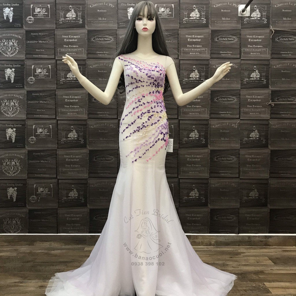 Áo cưới đuôi cá dạ hội trắng, cổ lưới ren hoa phối màu bắt mắt - K925