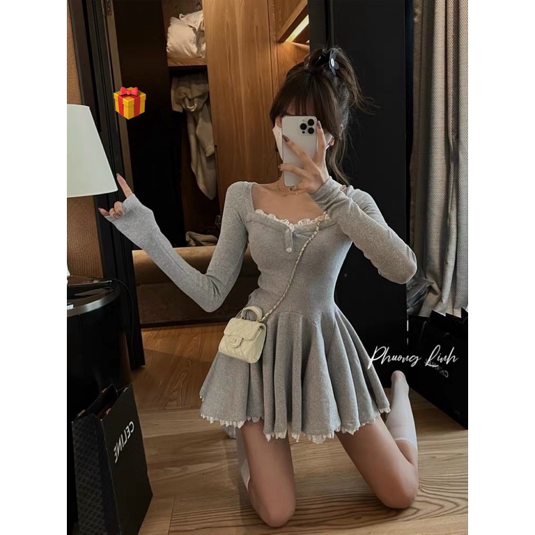 Đầm váy dáng xoè cổ vuông tay dài viền ren sang chảnh