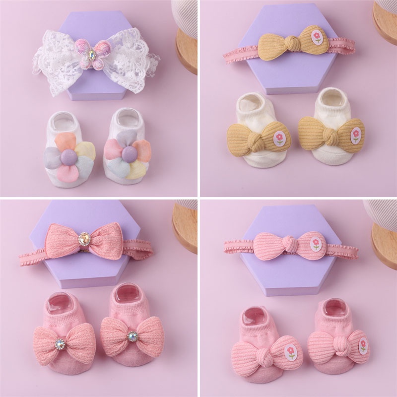 Băng Đô + Vớ Co Giãn Chống Trượt Đính Nơ Xinh Xắn Cho Bé Gái