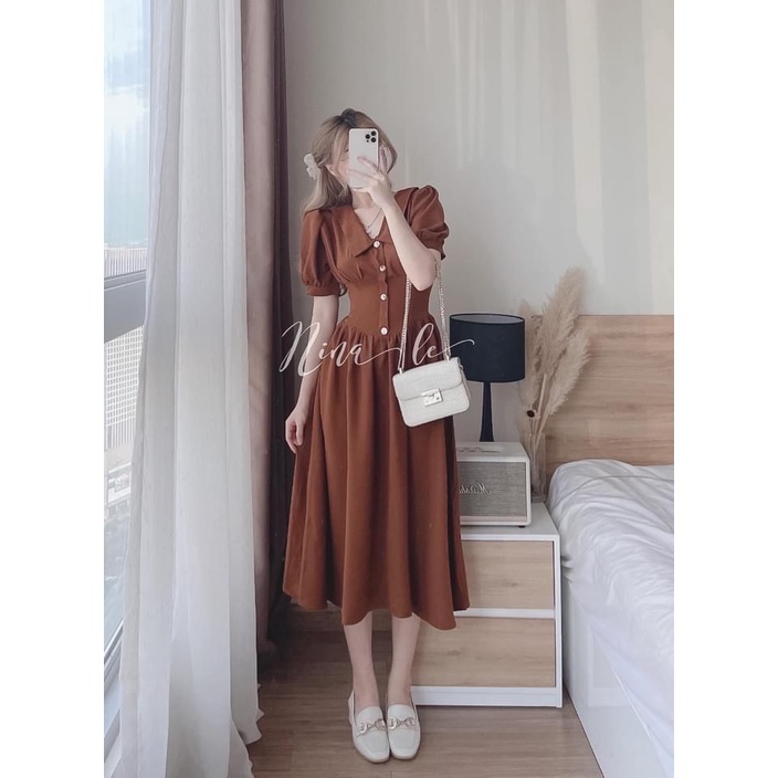 Váy nữ dự tiệc tay ngắn dáng xoè , cổ vuông hàng nút ,cho nàng dự tiệc siêu xinh - maxi đi biển, đầm xoè