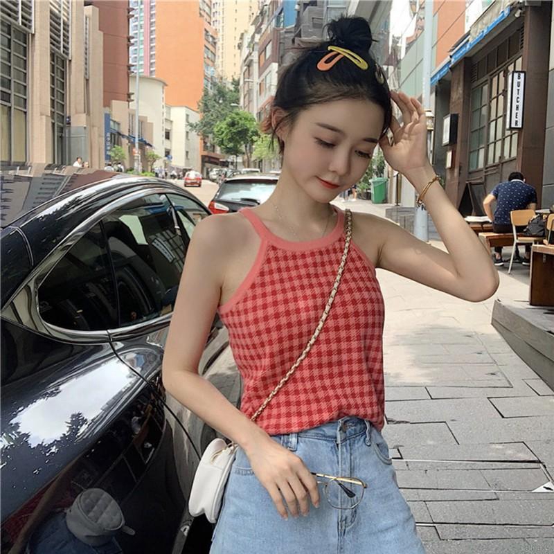 Áo hay dây cổ chữ V kiểu sọc kẻ ô thời trang phong cách Hàn Quốc cho nữ