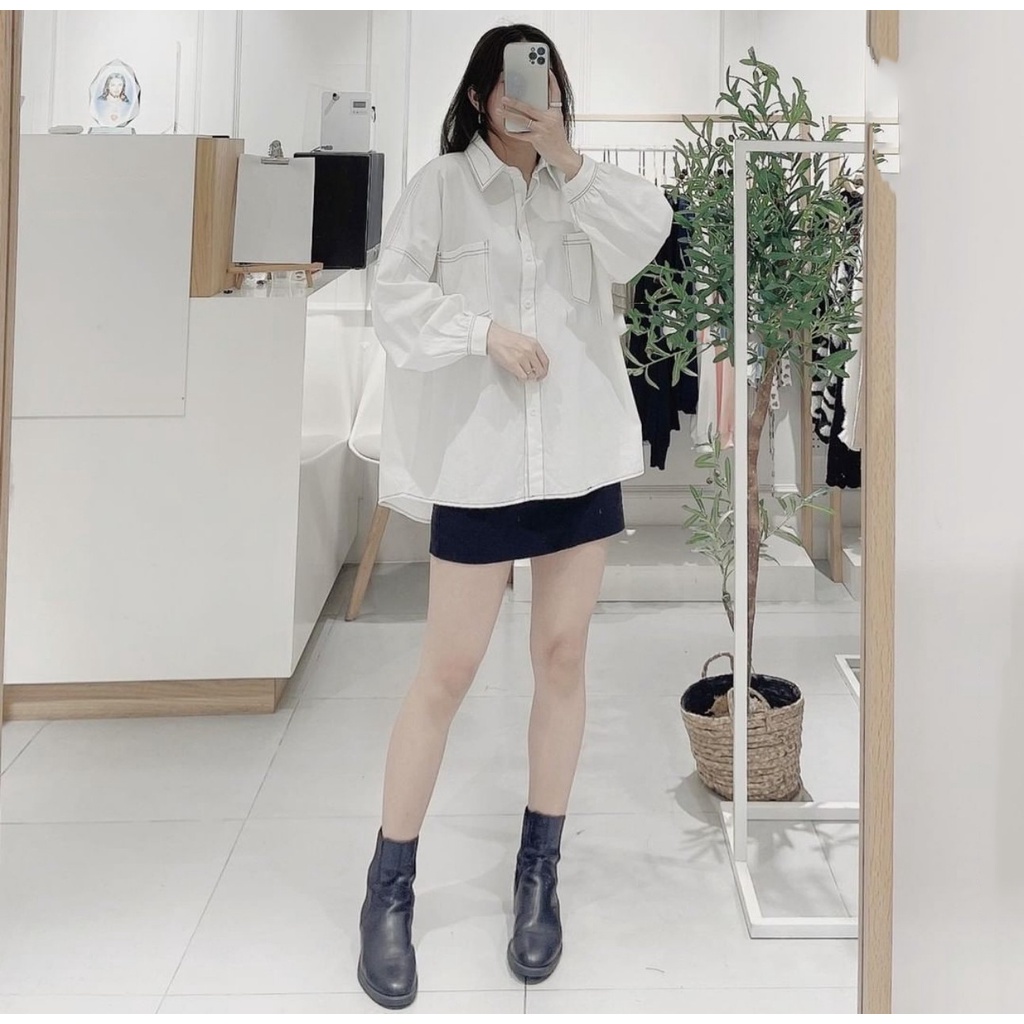 Áo sơ mi trơn chỉ nổi - Áo dài tay có cổ unisex Daski