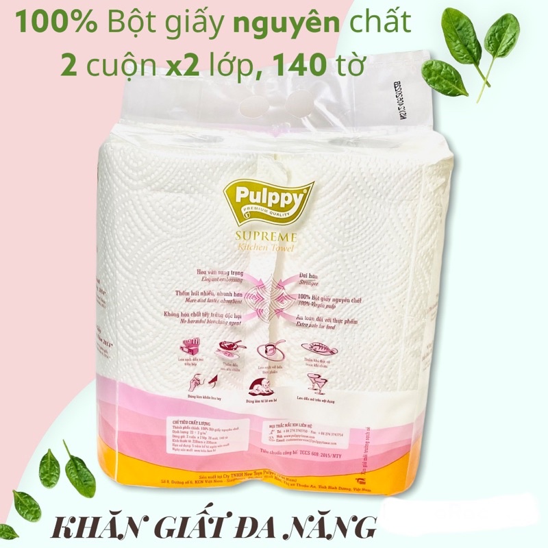 Giấy Bếp Đa Năng Pulppy Cao Cấp 100% Bột Giấy Nguyên Chất 2 Cuộn 140 Tờ