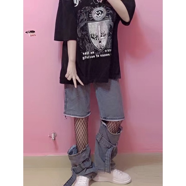 Quần jeans ống rộng khoá gối có thể tháo rời siêu cá tính