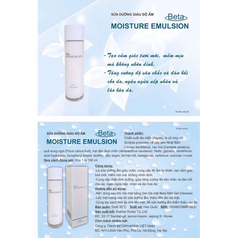 Sữa dưỡng ẩm Beta Moisture Emulsion cho da dầu chai 150ml