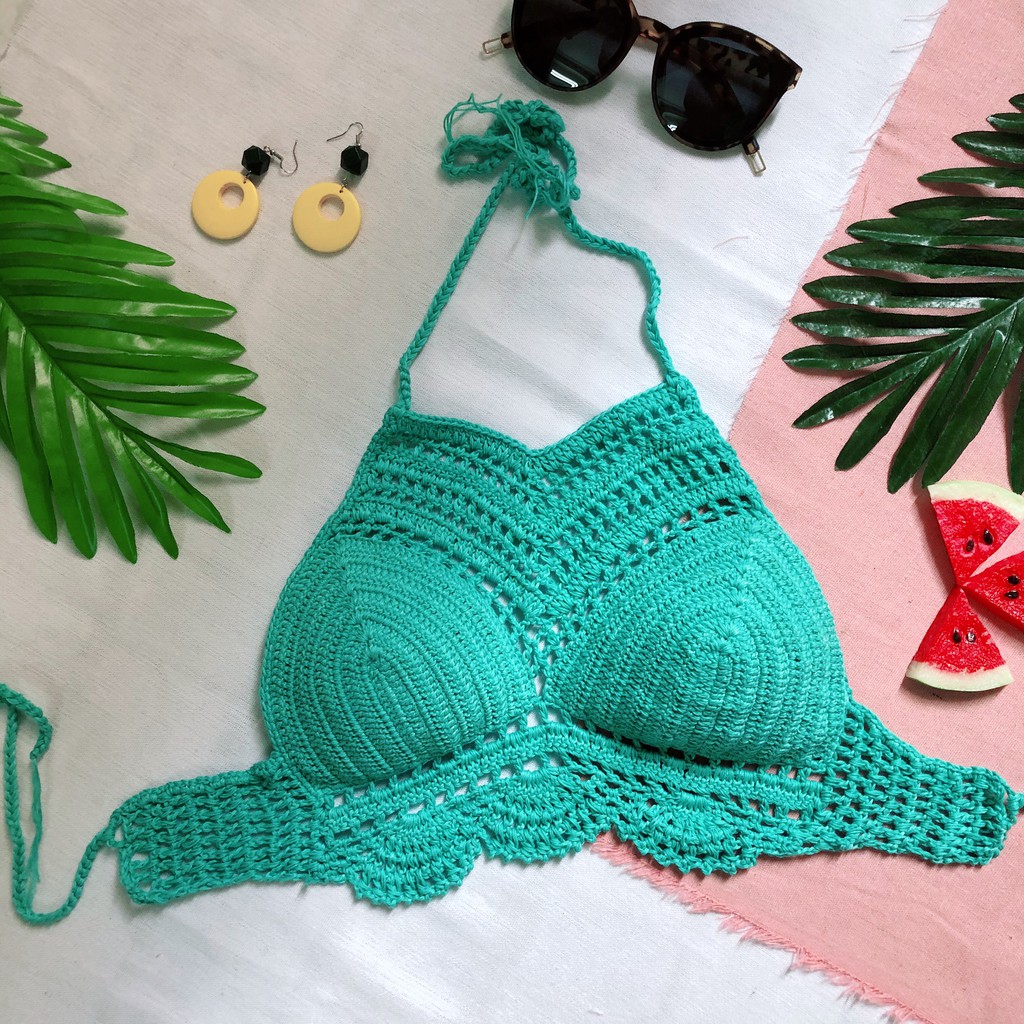 Áo yếm len móc bikini xanh ngọc mặc đi biển hot