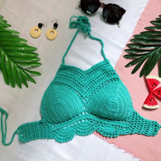 Áo yếm len móc bikini xanh ngọc mặc đi biển hot