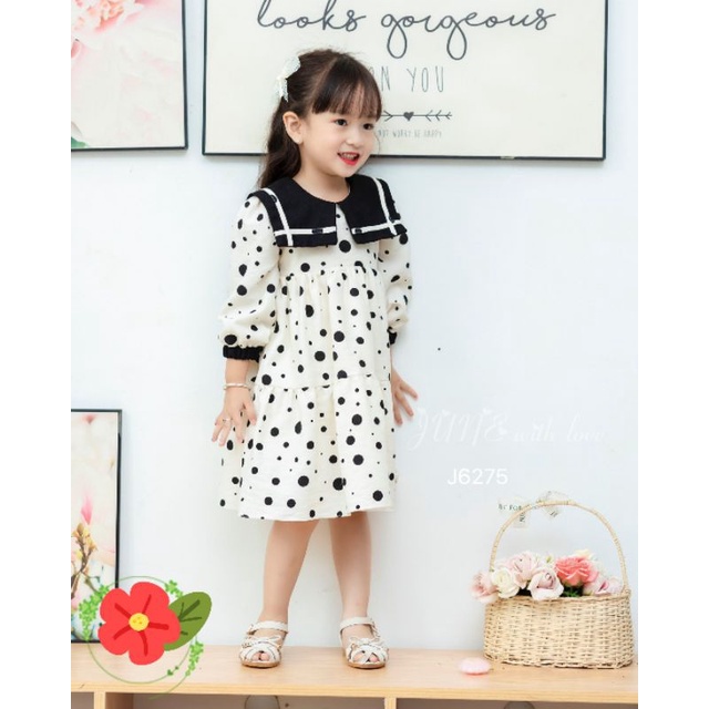 Váy Bé Gái Dài Tay 1-10 Tuổi 10-40kg, Váy Mùa Thu Đông Thủy Thủ, Tay Bo, Chấm Bi, Nhung Text June With Love