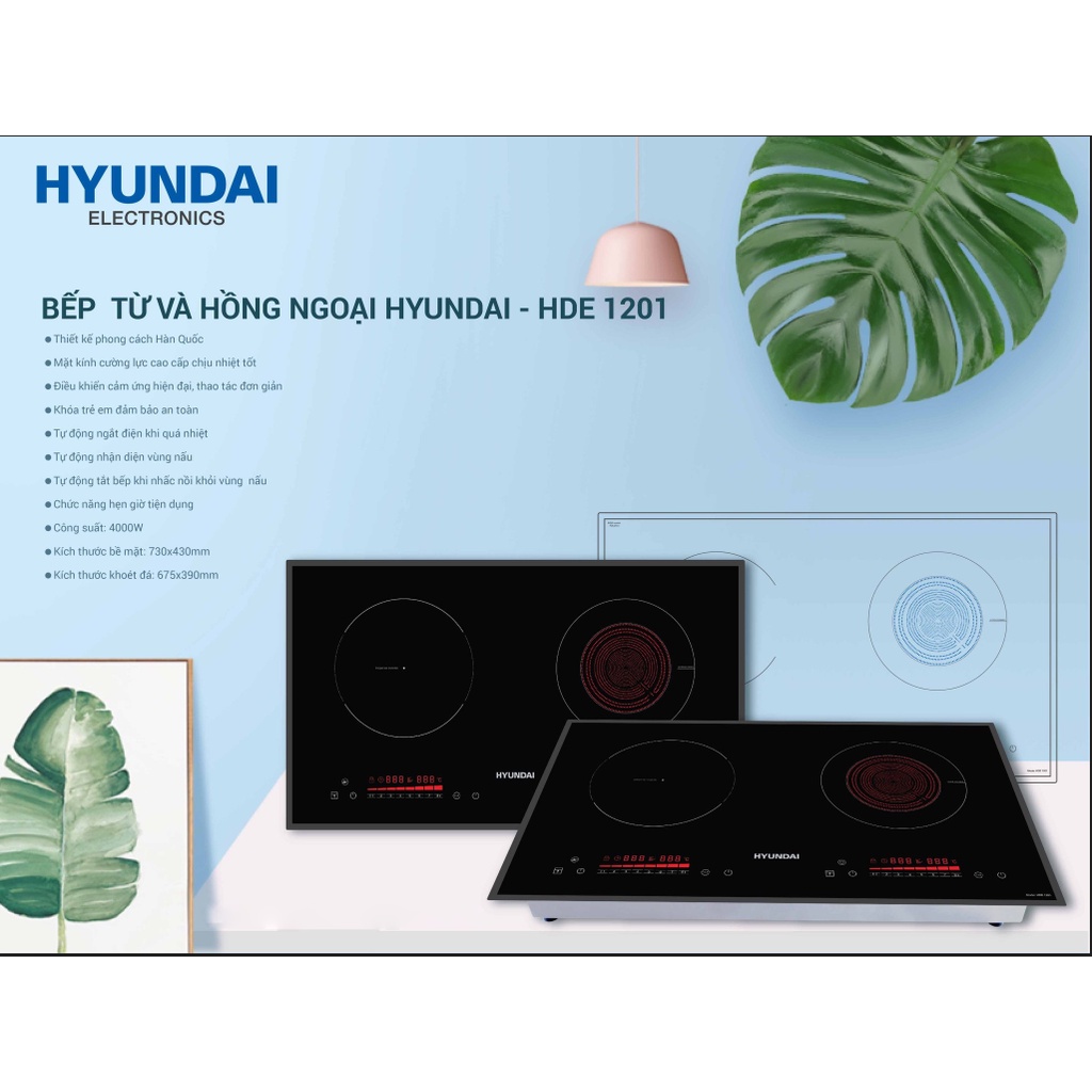 Bếp từ,Bếp đôi 1 từ,1 hồng ngoại Hyundai HDE 1201.Hàng chính hãng,bảo hành 12 tháng