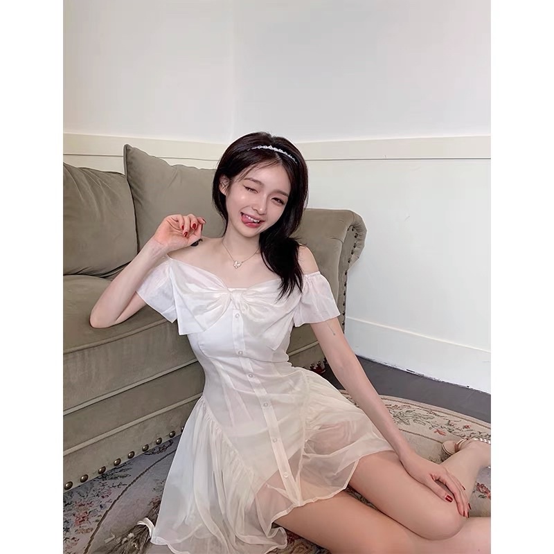 SẴN🎀Váy ulzzang ngắn voan tơ tiểu thư trễ vai nơ ngực dễ thương/ Đầm trễ vai xoè cánh tiên công chúa