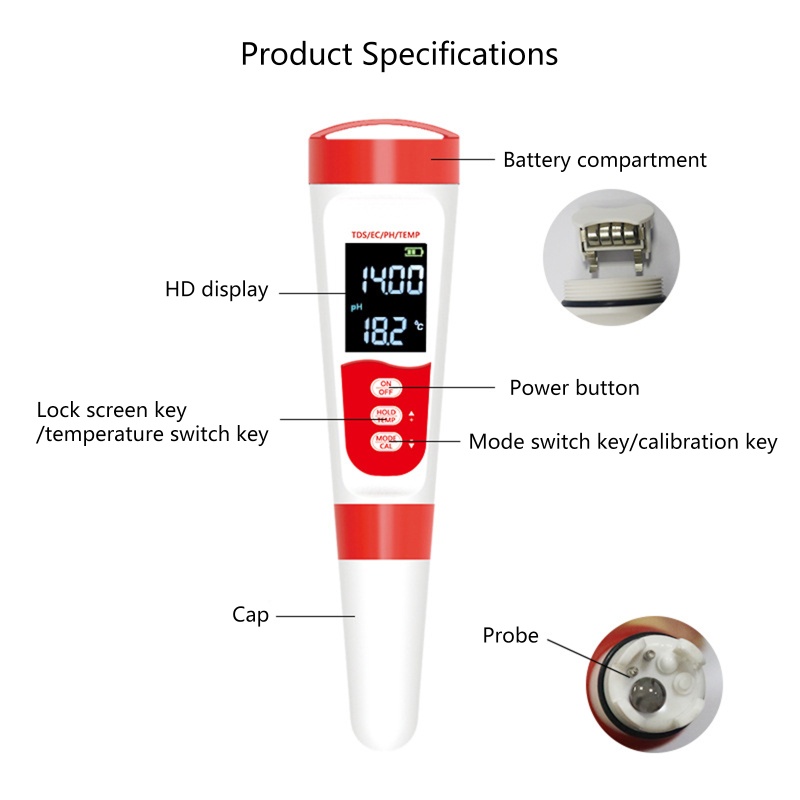 Thiết Bị Đo Chất Lượng Nước 4 Trong 1 pH / TDS / EC / Temp 0-14.0 pH Chuyên Dụng