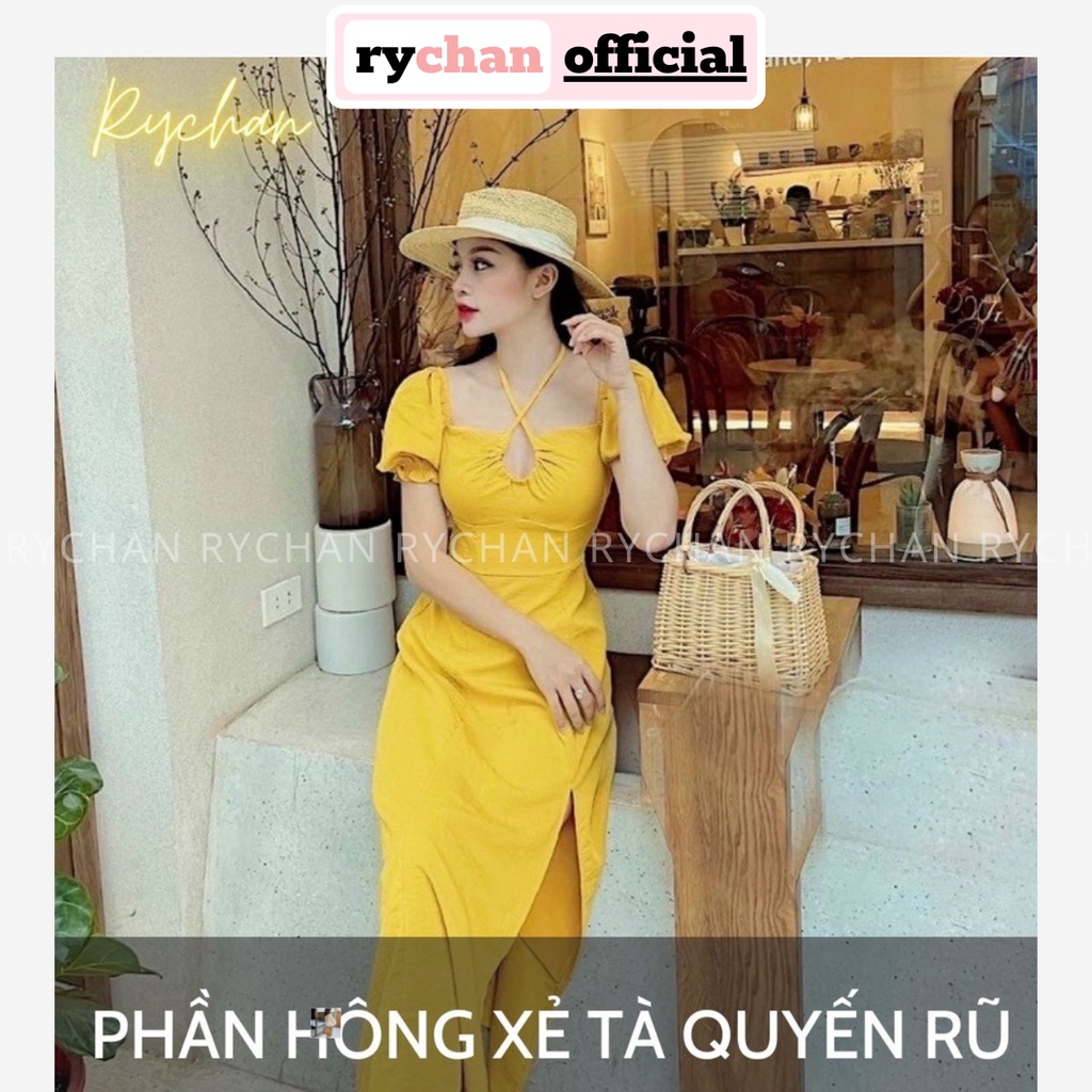 Đầm Xoè Midi Vàng Chéo Dây Cổ Xẻ Tà Tay Phồng - DX0128