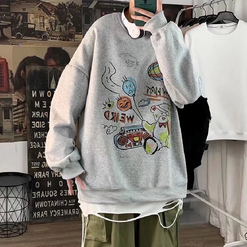 Áo sweater tay dài cổ tròn dáng rộng in họa tiết Graffiti phong cách Nhật Bản thời trang cho nam size M-5XL