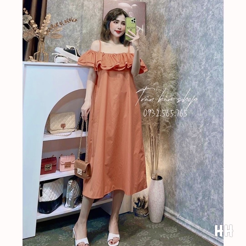 Váy maxi trễ vai 2 dây cánh tiên ngang vai chun bèo dáng dài babydoll suông thụng xoè bệt vai