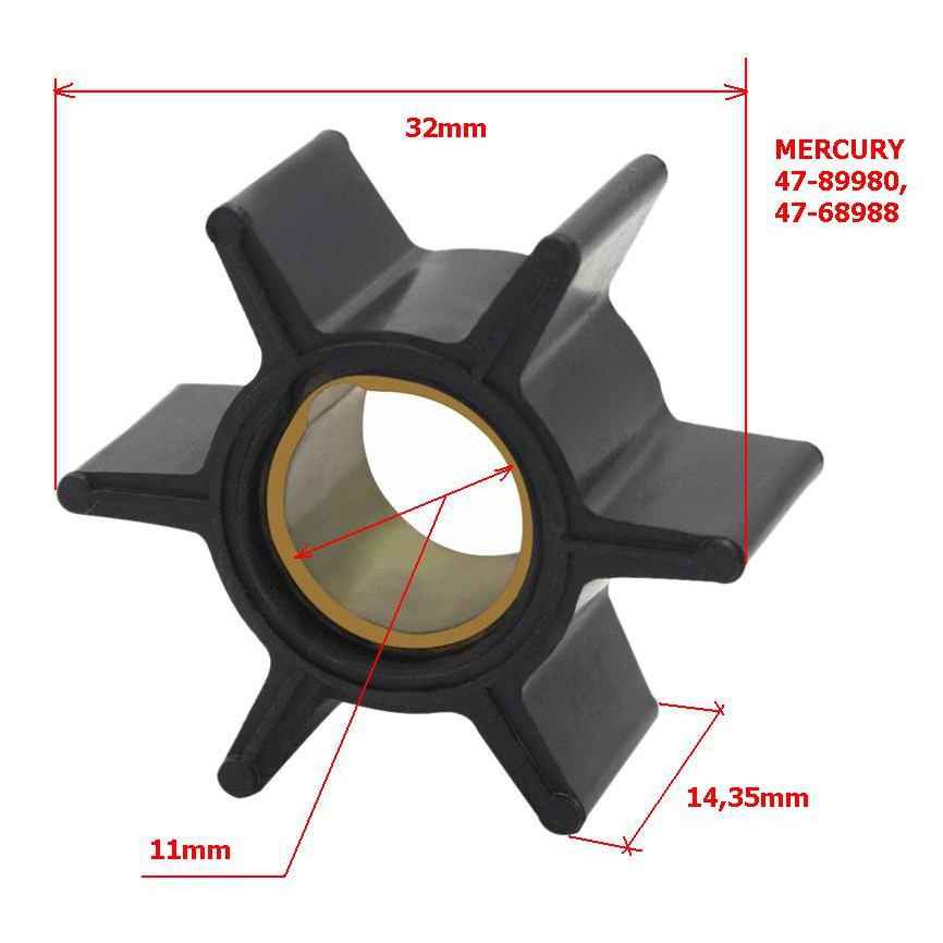 Cánh quạt bơm nước làm mát cano MERCURY 3.5, 3.6, 4HP, 47-68988, 47-89980. Đài Loan