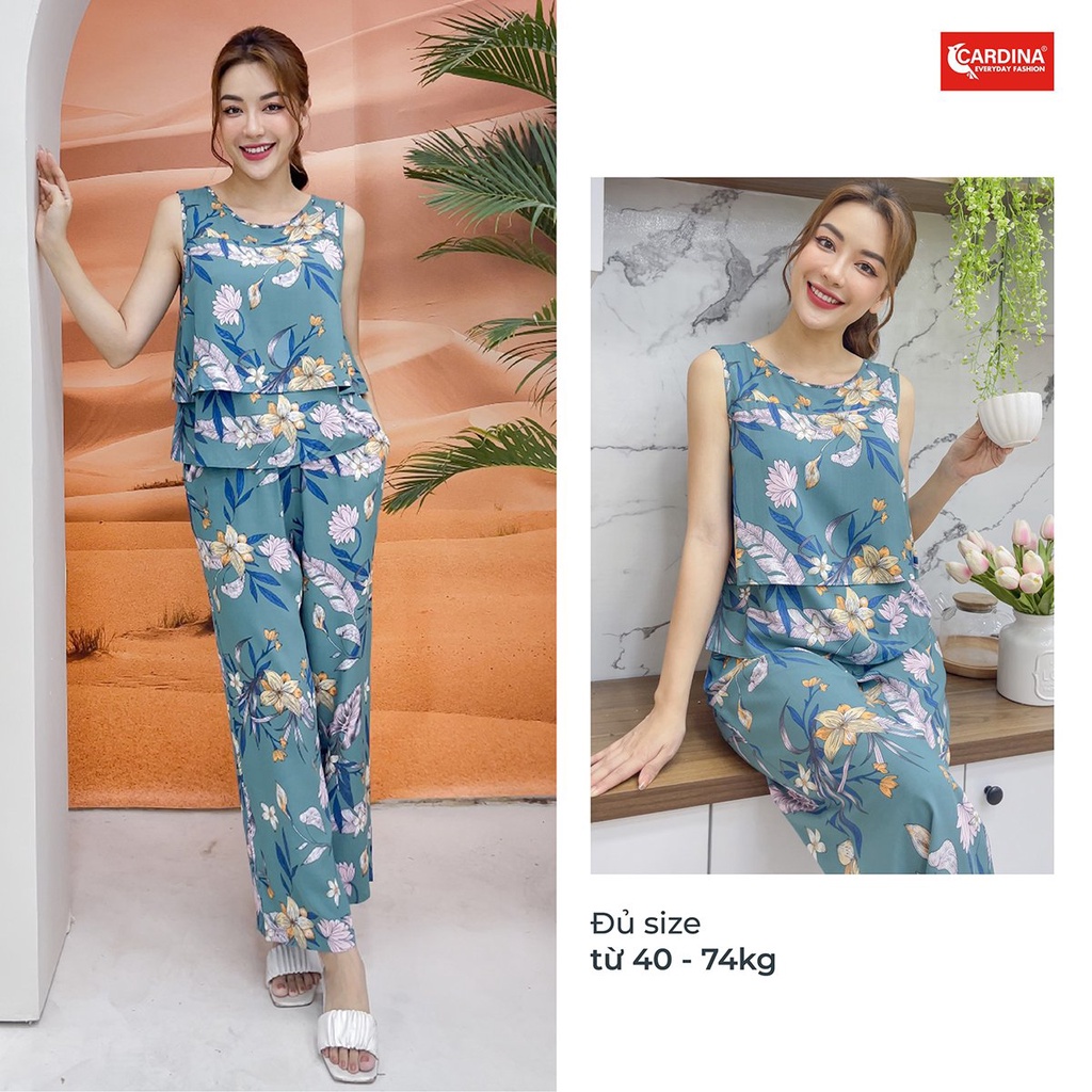 Đồ bộ nữ CARDINA chất lanh lụa nhật cao cấp áo sát nách bèo tầng quần dài suông họa tiết 2LF30