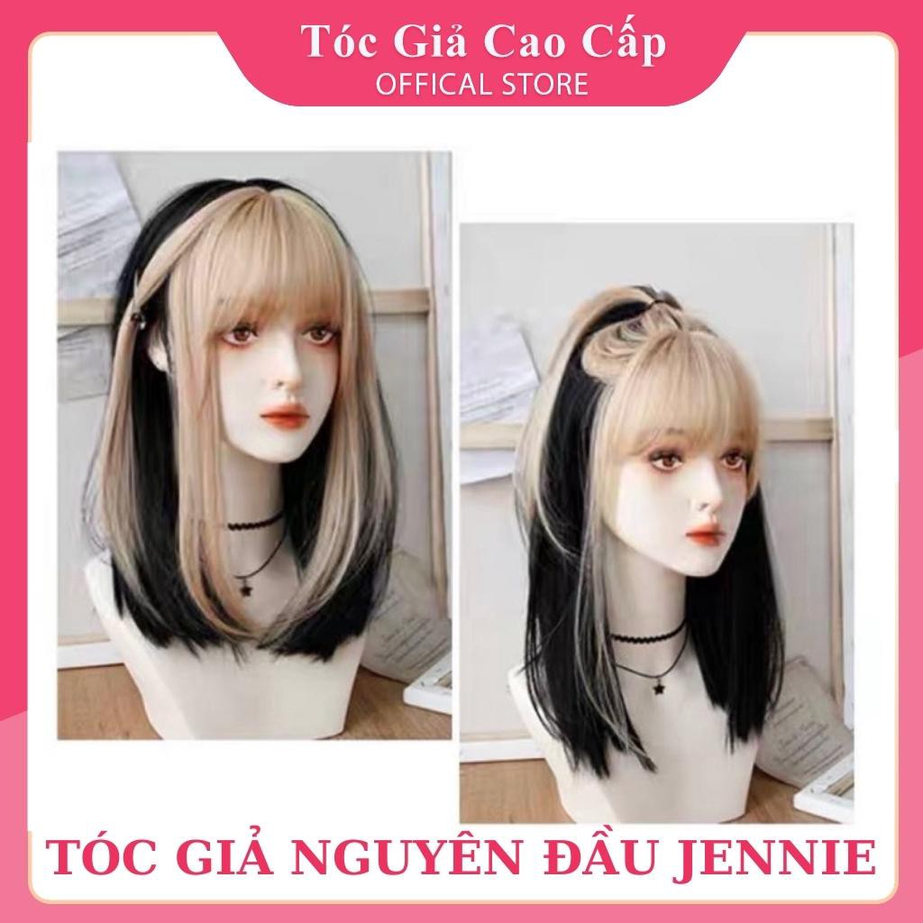 Tóc giả nguyên đầu cúp 35cm phối mái vàng jennie, tặng kèm lưới trùm tóc.