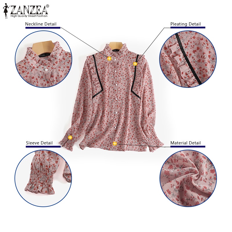 Áo sơ mi Zanzea tay loe xếp ly cổ đứng in họa tiết thời trang dành cho nữ