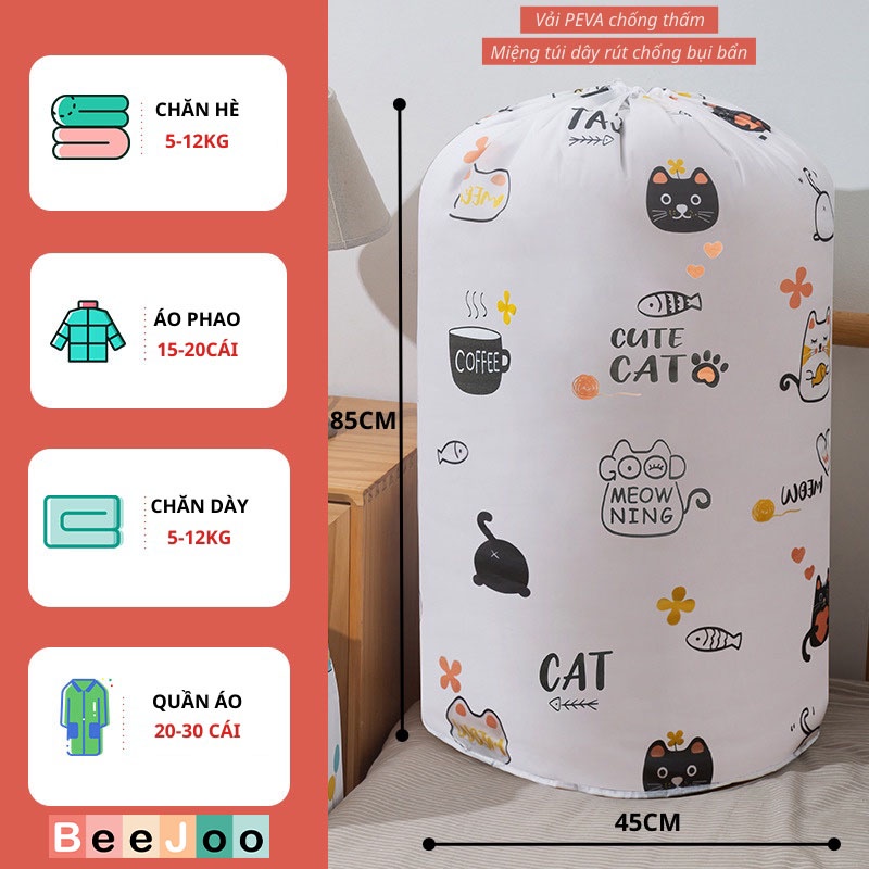 Túi đựng chăn màn, quần áo hình trụ đứng cỡ lớn 135l, miệng dây rút chống thấm nước bụi bẩn hình thú cute