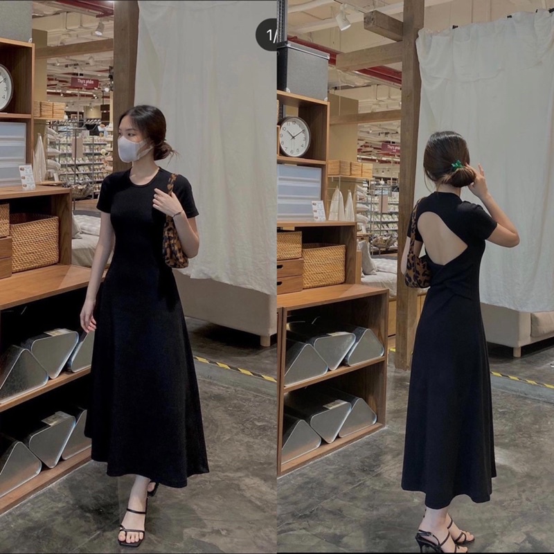 ĐẦM MIDI ĐEN CUT OUT LƯNG CỔ TRÒN