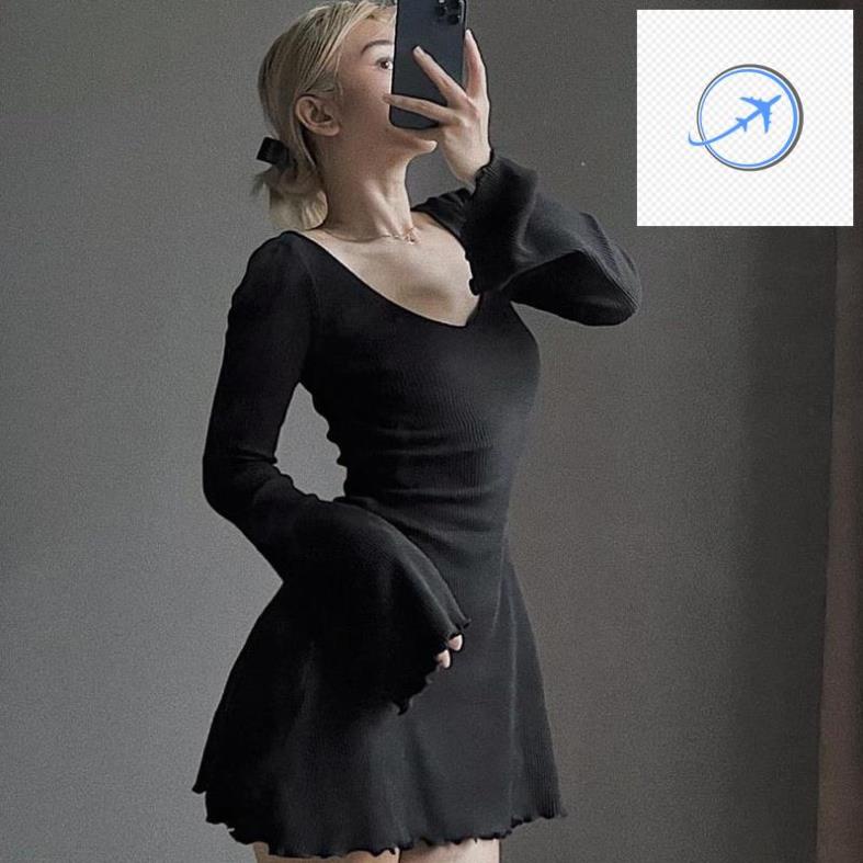 (Bigsize 55-95kg) Đầm body sexy tay dài ôm thun gan màu đen cá tính, dáng xoè loe 👗