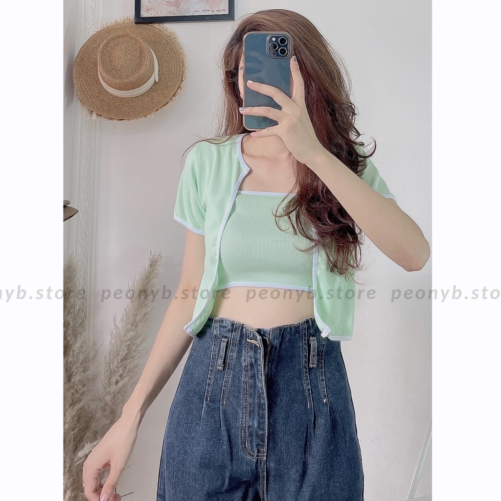 Set Áo Quây Kèm Cardigan Dáng Ôm Nhiều Màu - Bộ 2 món thun croptop và áo khoác ngoài dáng ngắn, thiết kế sexy, cá tính