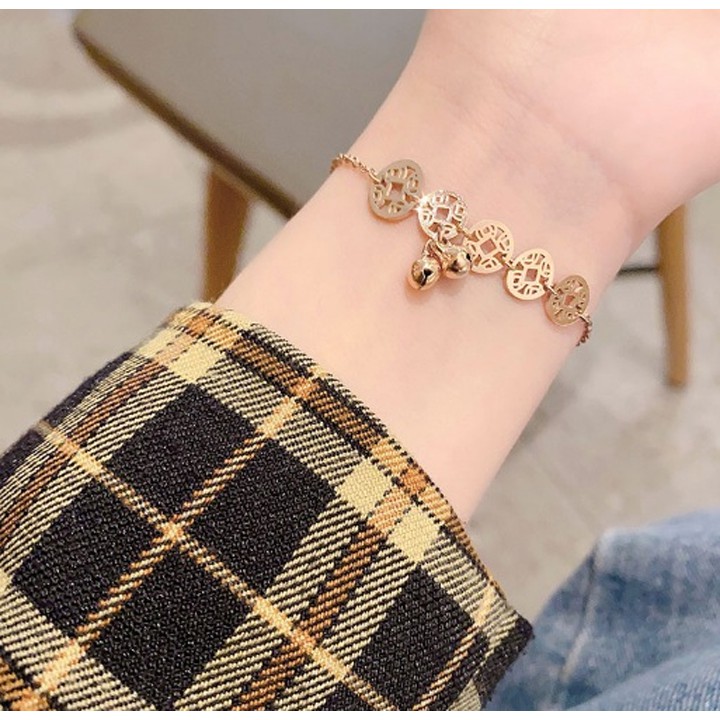 Lắc tay titan nữ chuỗi đồng xu rớt bi chiêu tài lộc, may mắn - Đeo tay vạn sự may