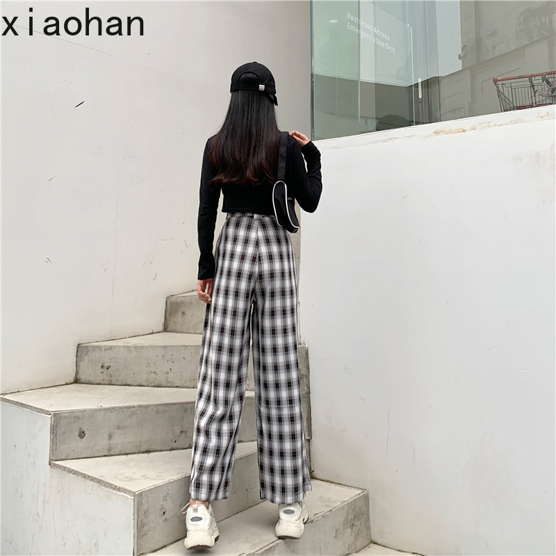 Xiaohan Lattice Wide-leg Pants Women's Drape Loose Straight Mopping High Waist Casual Trousers Gingham Plaid Pants