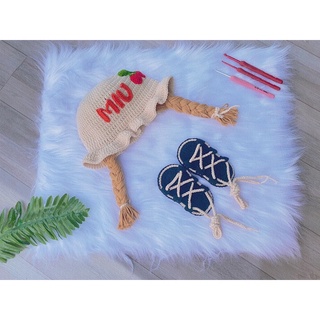 Nón len 2 bím tóc cho bé gái, nón có khắc tên - làm handmade