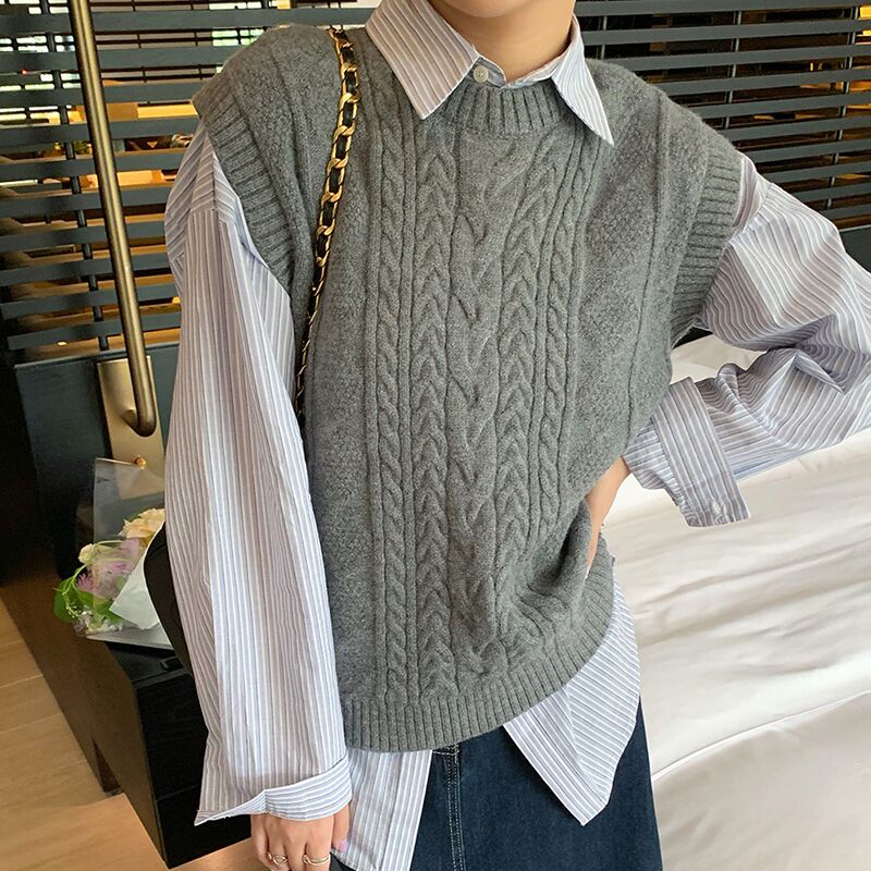 Áo len ZHELIHANGFEI không tay màu xám theo phong cách preppy dễ phối đồ