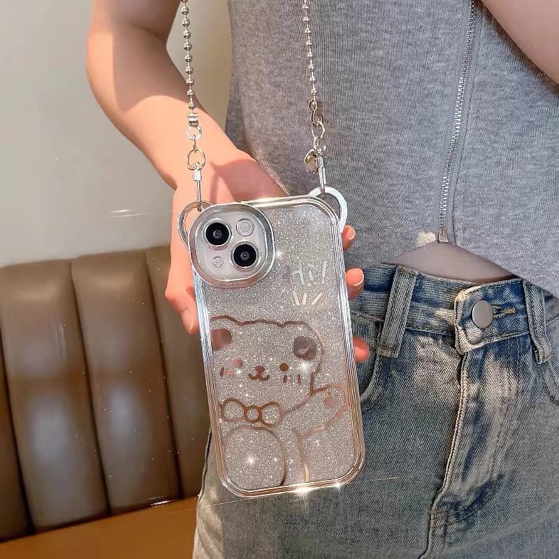 Ốp Điện Thoại Mềm Hình Gấu Kim Tuyến Có Dây Đeo Cho iphone 15 14 13 12 pro max xr xs max x 7 8 14 plus
