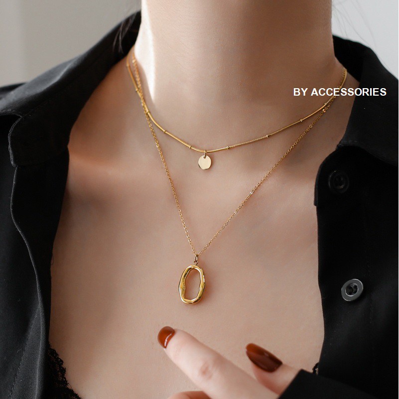 Dây chuyền titan 2 tầng mặt oval rỗng không gỉ